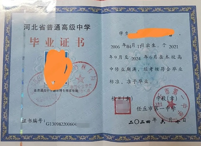 黄冈任丘市第一中学高中毕业证样本图片